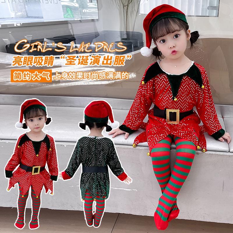Christmas Costume Children Elf Green Red Sequin Dress Christmas Theme Photo Baby Costume