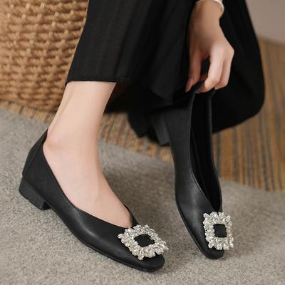 Water Diamond Buckle Flat Bottomed Shallow Mouth Square Toe Comfortable Soft Soled Bean Shoes