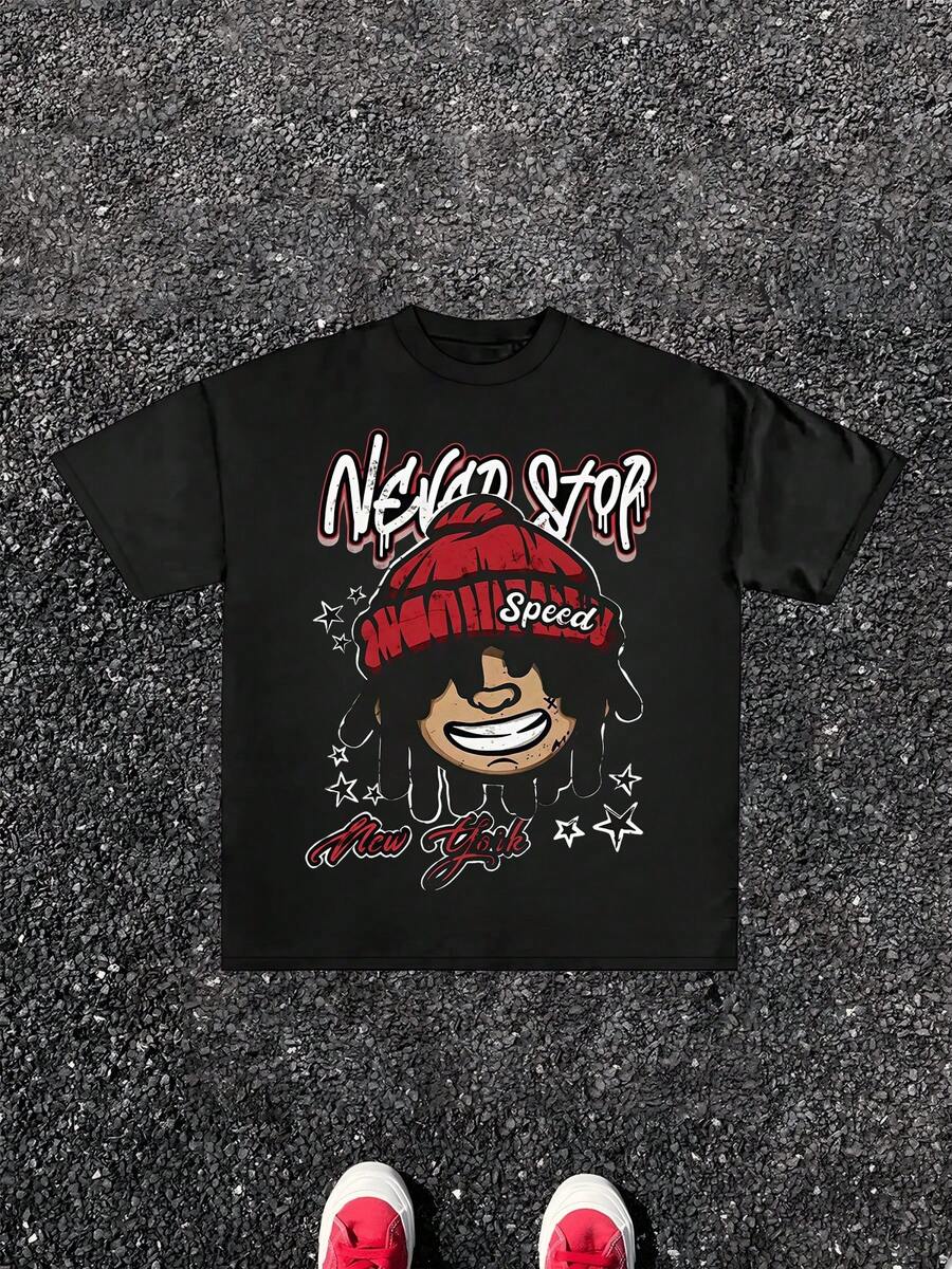 

1pcs Men Never Stop Speed Cartoon Face Graphic Tee Print T Shirt New York Street Style 100% Cotton T S разноцветный