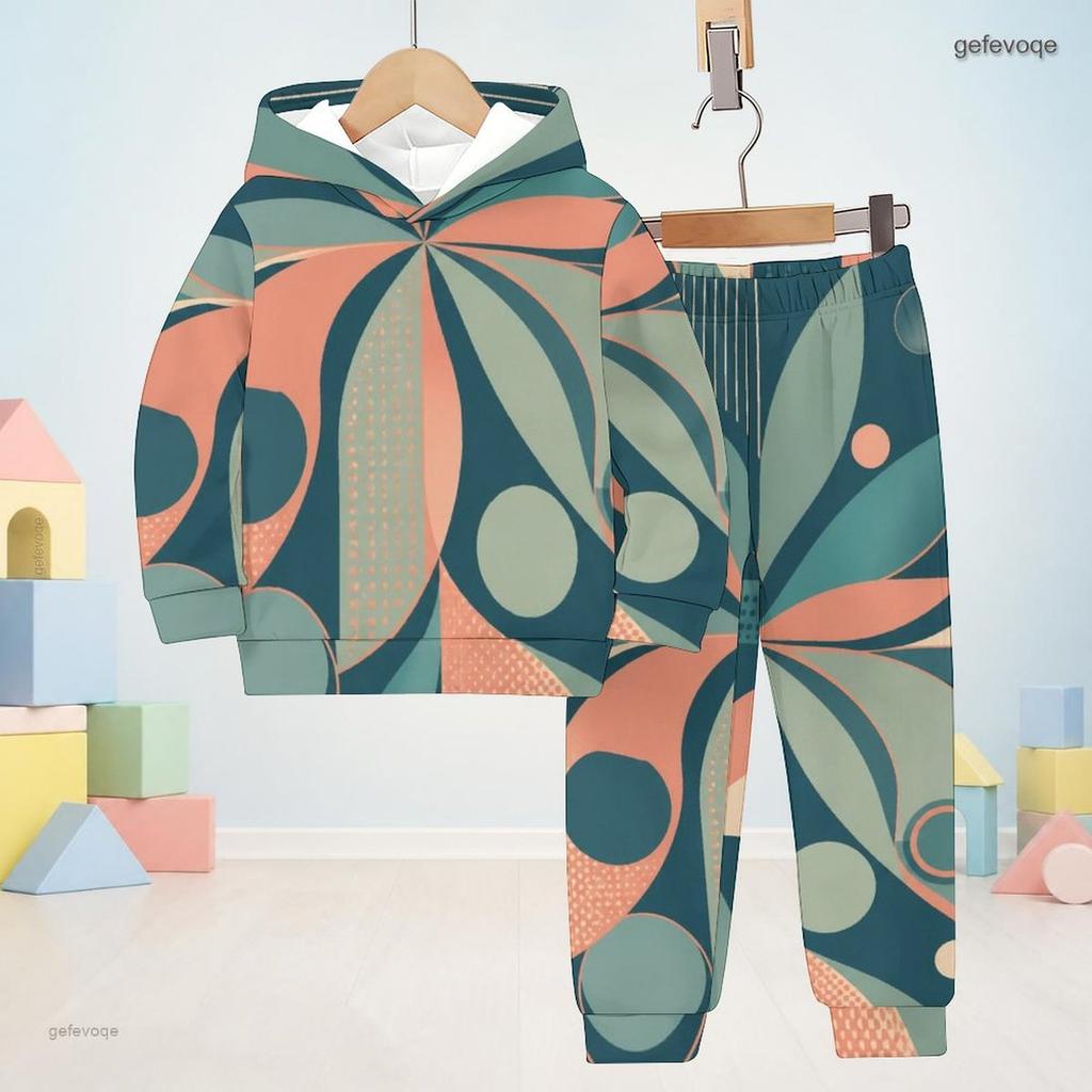 Boys Girls Abstract Floral Printed Hooded Long Sleeve Sweatshirt Cuffed Pants Two Piece Set