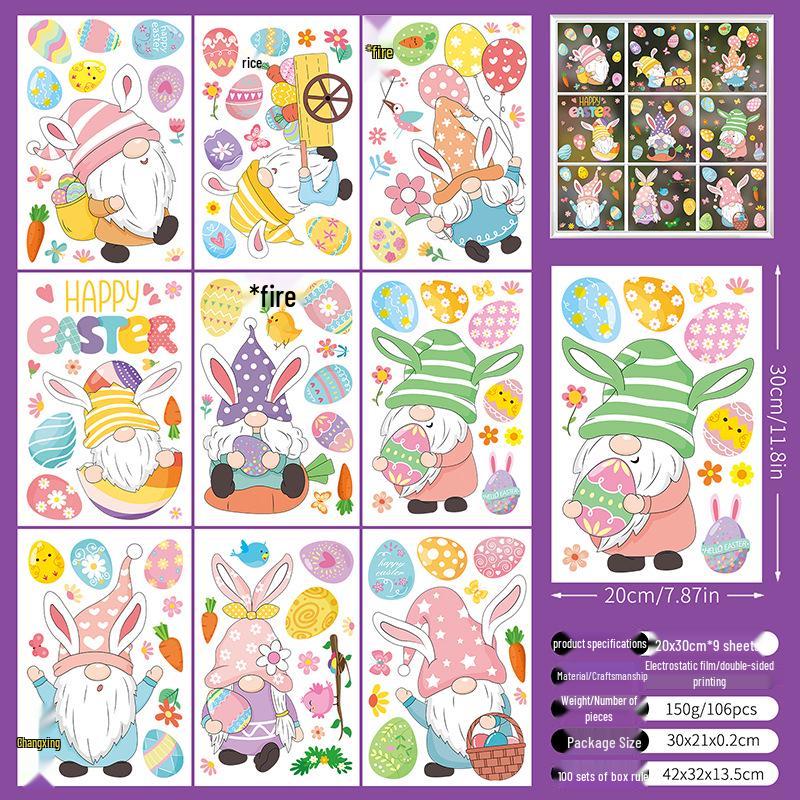 Festive Easter Static Cling Stickers - Cute Rabbit, Dwarf, and Colored Eggs for Glass Decorations