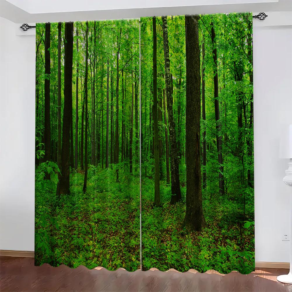 2PC Home Green Forest Curtains With Landscape Background And Pole Pocket Curtains, Kitchen, Coffee Shop, Living Room