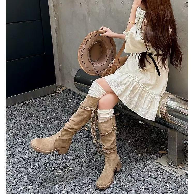 Sheepskin version~ Wasteland wind fat mm long boots women's autumn western knight boots stacking boots big tube circumference summer Xinjiang boots