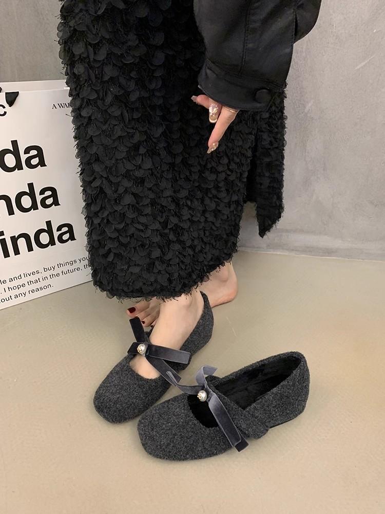 Inner Height Increase Pink Mary Jane Fluffy Shoes Women's Shoes 2025 Autumn and Winter Warm Cotton Shoes Bow Pearl Cotton Shoes