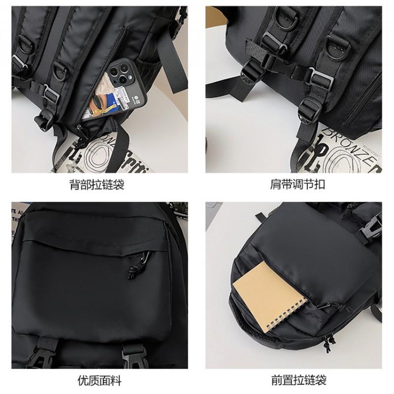 Trendy Cool Pure Black Schoolbag Men's 2024 New College Student Backpack Women's Multi-pocket Large-capacity Casual