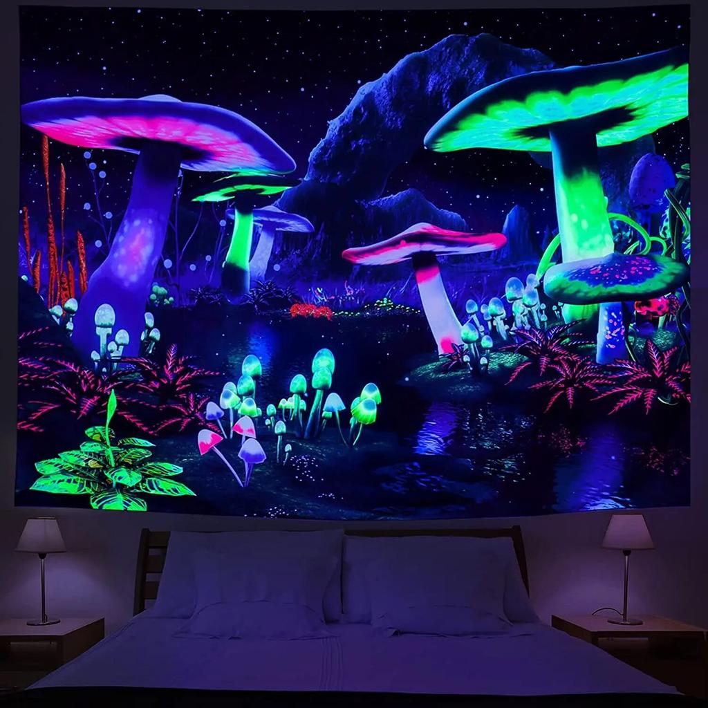 Astronauts UV Fluorescent Tapestry Black Light  Aesthetic Wall Hanging Hippie  for Bedroom Indie Room Decor