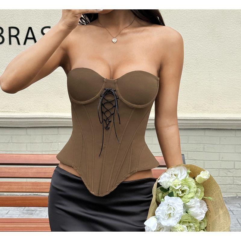 

French Style Retro Vacation Style Butterfly Waist Hem Tube Top Fishbone Corset Sexy Pure Desire Bandage Vest Brown S