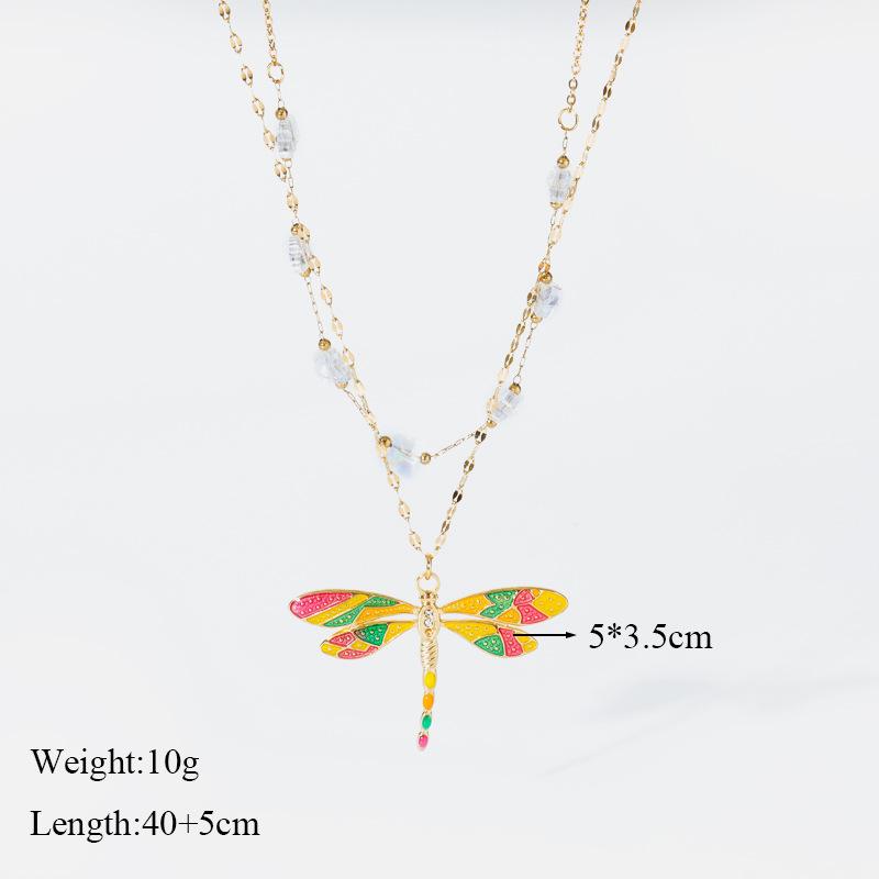 Colorful Dragonfly Pendant Necklace in 18K Gold-Plated Stainless Steel Clavicle Chain