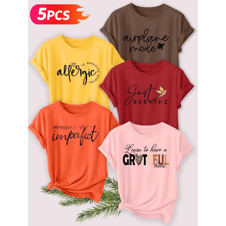 Five-piece set Elegant short-sleeved shirt for women Healing English short-sleeve women's t-shirt with heart leopard print letter combination, round