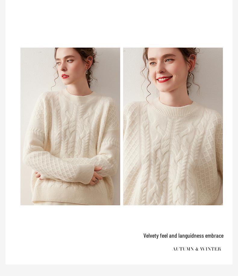 Women's Super Thick Cashmere Sweater: Round Neck, Soft, Fluffy, Loose Fit, Versatile Cable Knit for Autumn/Winter.