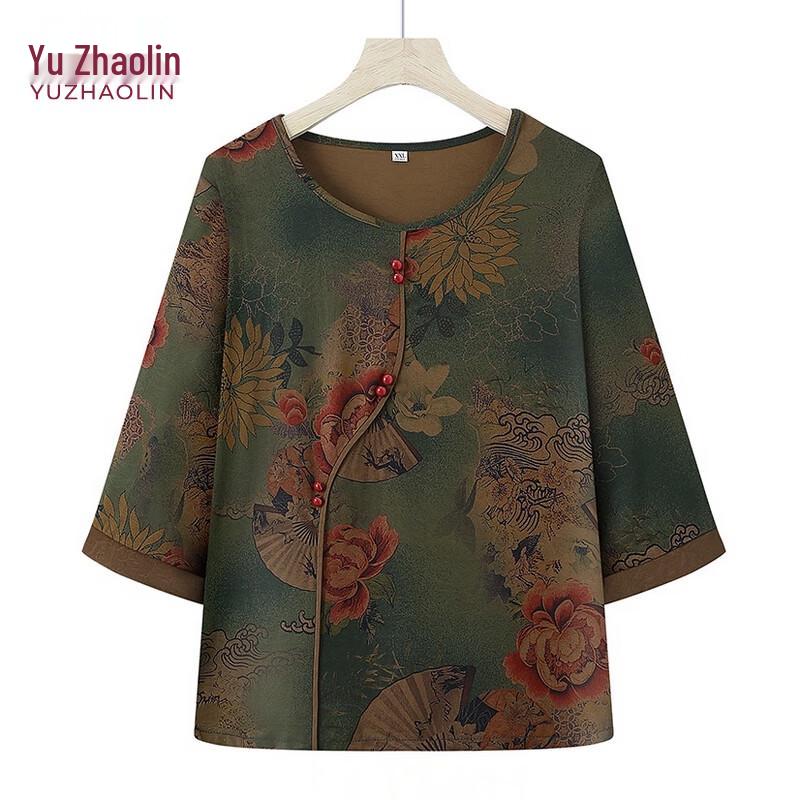 YUZHAOLIN Women s Chinese Style Floral Print T-Shirt 3XL