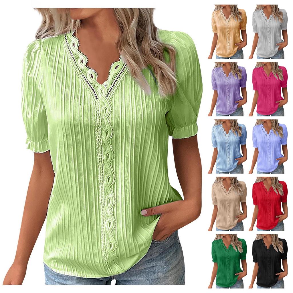 Elegante Camicetta da Donna Camicia Scollo a V Patchwork di Pizzo Manica Corta Camicie per Donna Estate Top da Donna