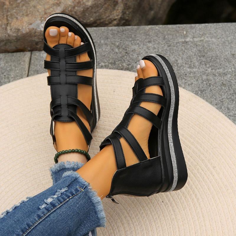 Spring and summer new fish mouth wedge heel platform women's sandals rhinestone hollow muffin round head sandals women