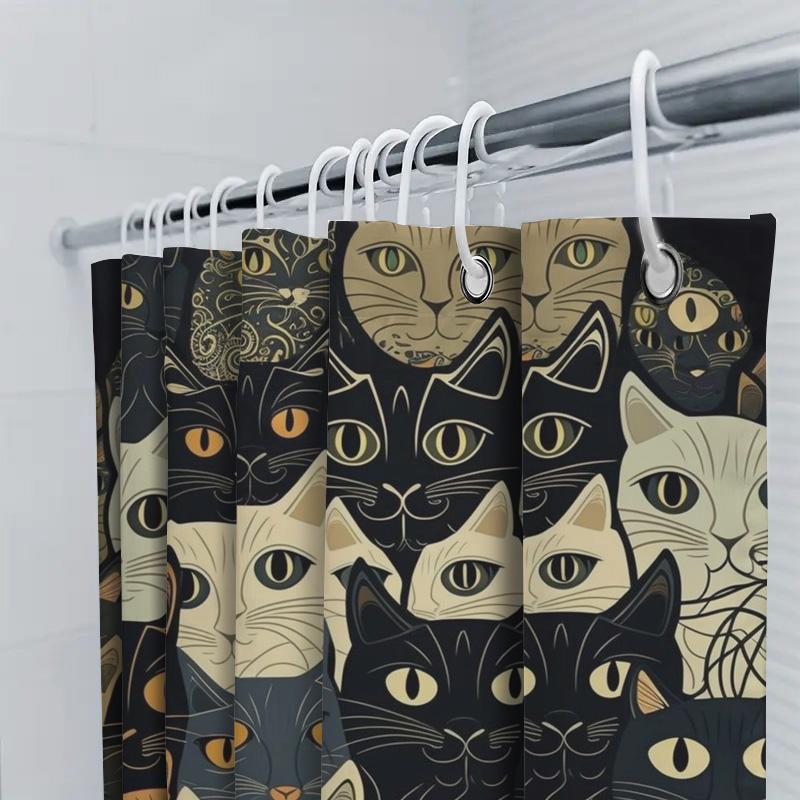 Charming Cats Shower Curtain Black White with Yellow Accents Pattern Decorative Bath Linen Waterproof Fabric Various Sizes Avail