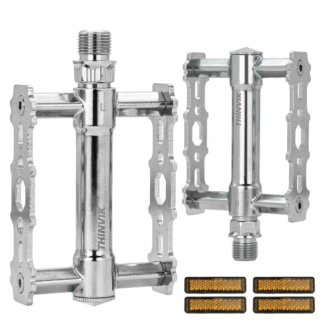 Thinvik Retro Silver Bicycle Flat Lightweight Aluminum Alloy Platform Pedals for and Road Bikes with 2DU Reflectors Pedals, 9/16" MTB, BMX,