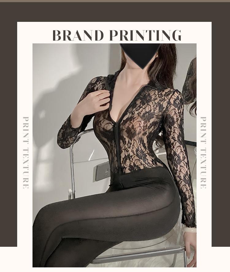 Yi Jin Women's Lace See-Through Bodycon Lingerie with Double-Headed Zipper and Open Crotch