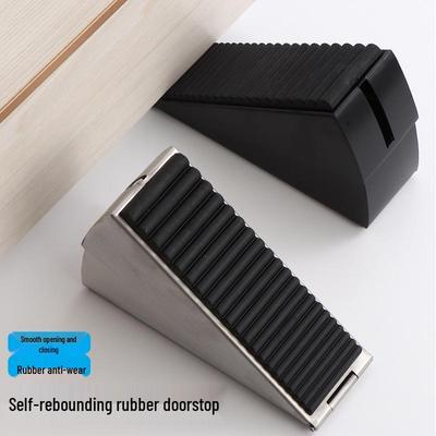 304 Stainless Steel Raised Anti-Slip Rubber Door Stopper with Nail-Free Floor Mount and Anti-Collision Spring