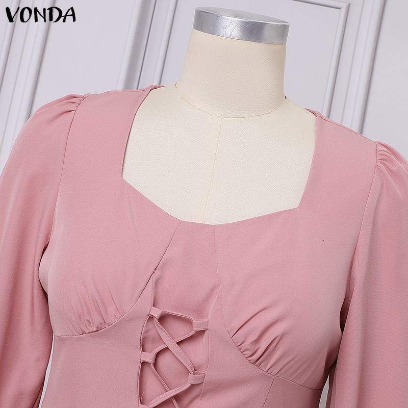 VONDA Elegante Abito Maxi da Donna con Scollo Quadrato, Maniche Lunghe, Allacciatura, Casual, da Festa, con Volant, Svasato