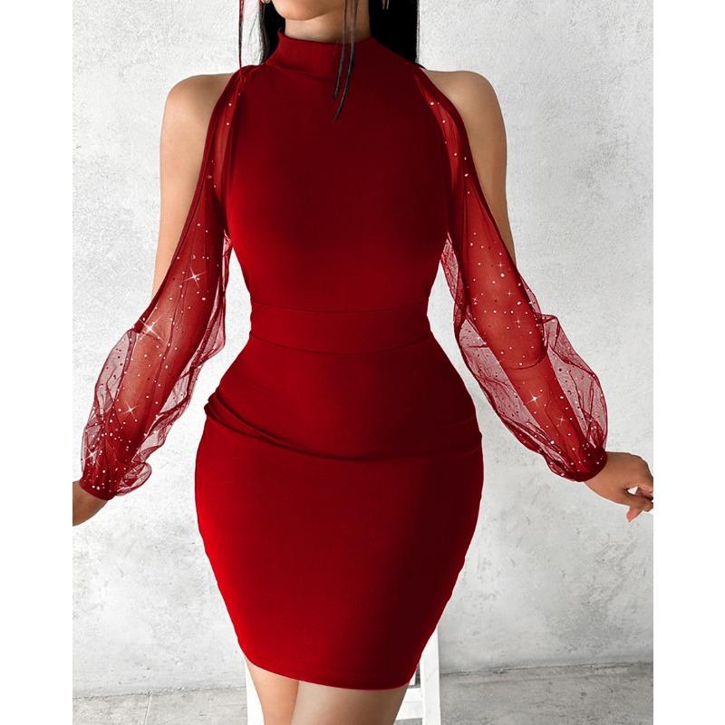 YYFS Women's Fashion Summer Spring Solid Color Print Long Sleeve Half Turtleneck Cocktail & Evening Dresses