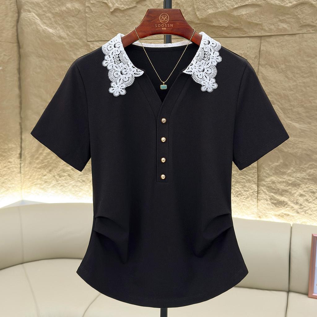 Women's Summer New Style All Matching Slimming Temperament High Grade Fashion V Neck Short Sleeved Lace Top