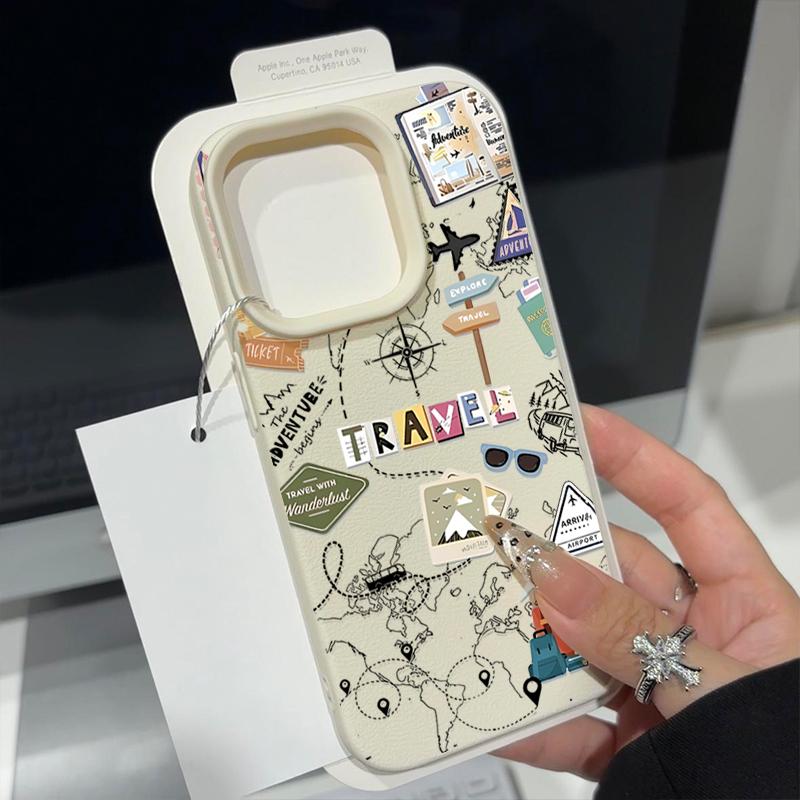 Für iPhone 16 15 Pro Max 14 Pro 13 12 11 Hülle Reise Wegweiser Muster TPU Ledertextur Weich Matt Stoßfest Schlank Handyhülle