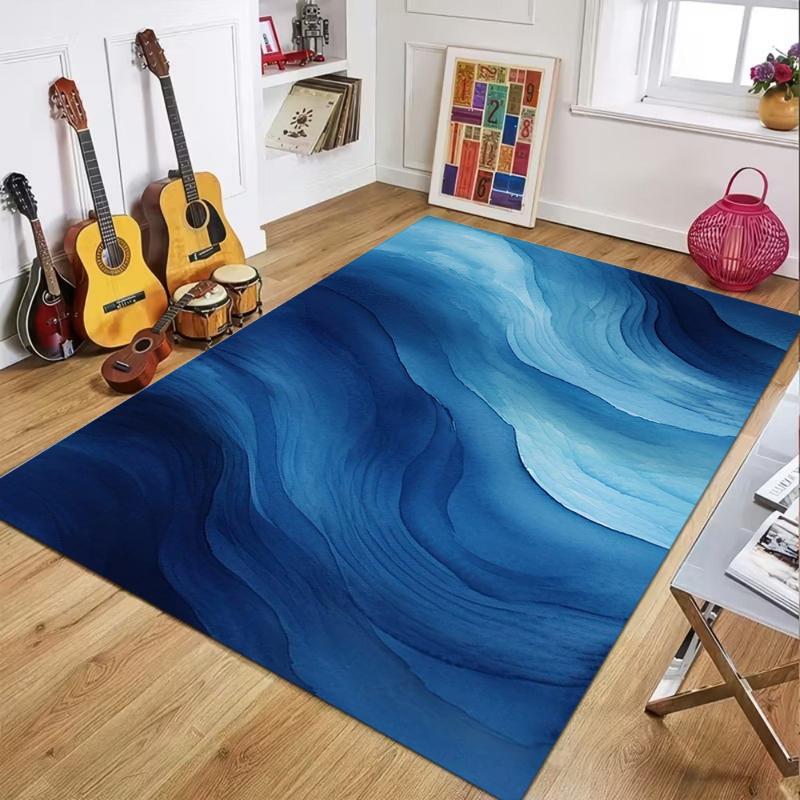 Carpet Mat Rug Home Decoration Blue Wave Pattern White Floor Mat Non-Slip Living Room Area Rug with Water Ripple Gradient Design