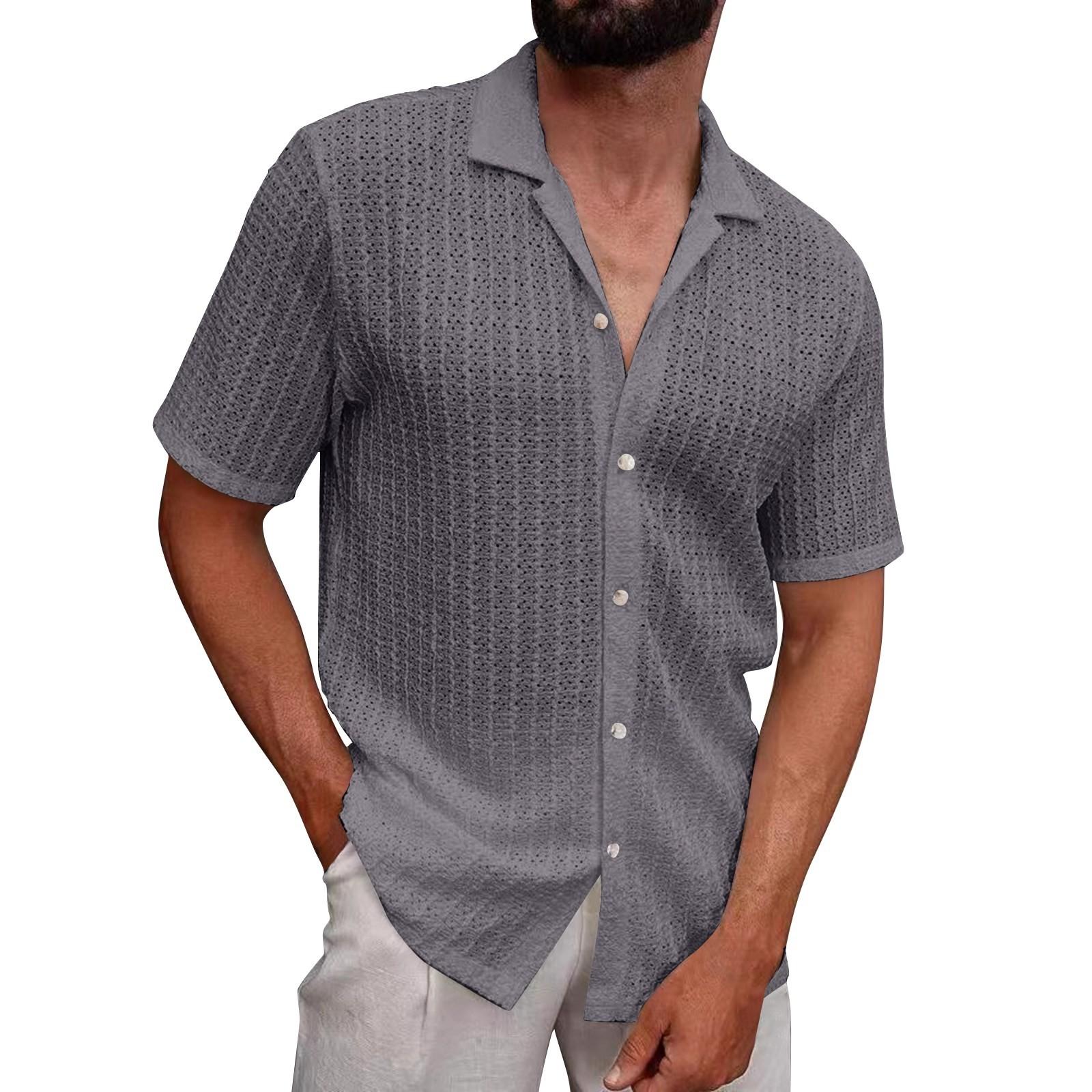 

Мужская летняя однотонная трикотажная рубашка с лацканами, с полым дышащим узором и пуговицами, с короткими рукавами S