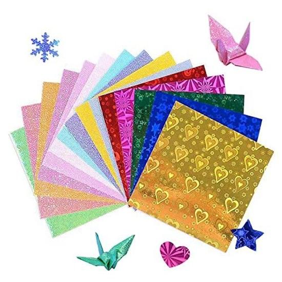 DFsucces Origami 100 Sheets Glitter Paper Aurora Color Foil 15cm 15 Colors Wrapping Birthday Party