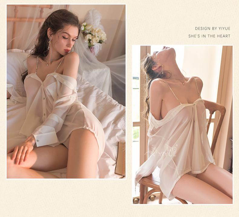 Yi Yue Women's Sexy Diamond Chain Camisole Pajamas - Erotic See-Through Chiffon Nightdress Style 8476