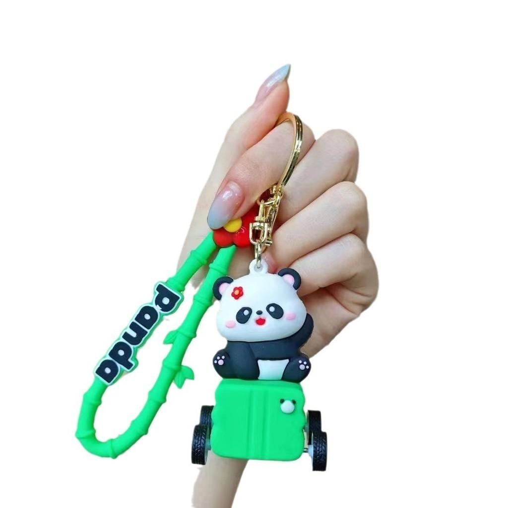 Adorable Cartoon Panda Keychain With Wind-up Car For Backpack Decoration