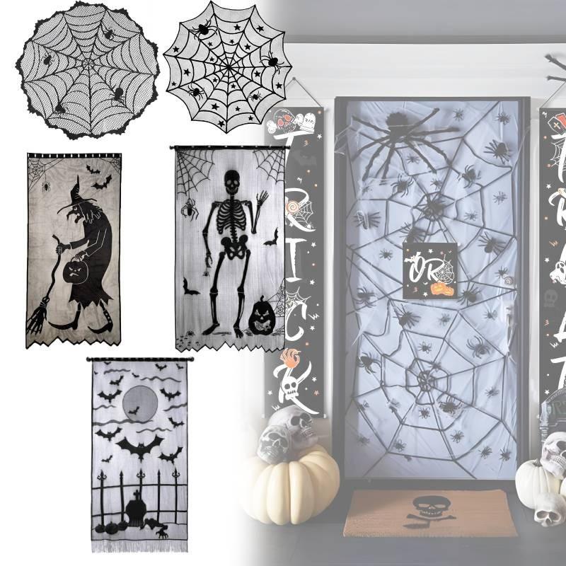 Stylish Black Lace Halloween Table Flag Featuring Creepy Bat And Spider Web Patterns
