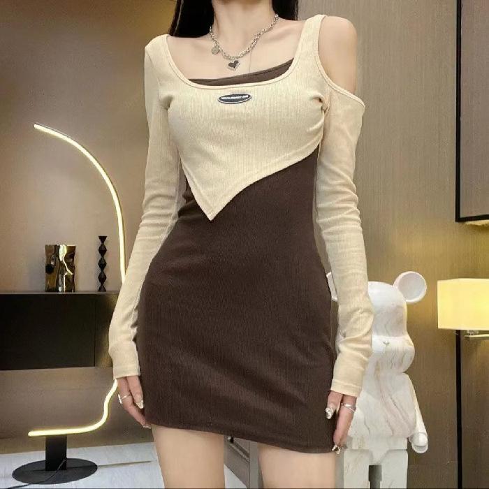 

New long-sleeved off-the-shoulder fake two-piece slim-fit hip-wrapped dress, sexy pure desire spice girl hollow-out splicing short skirt 2XL