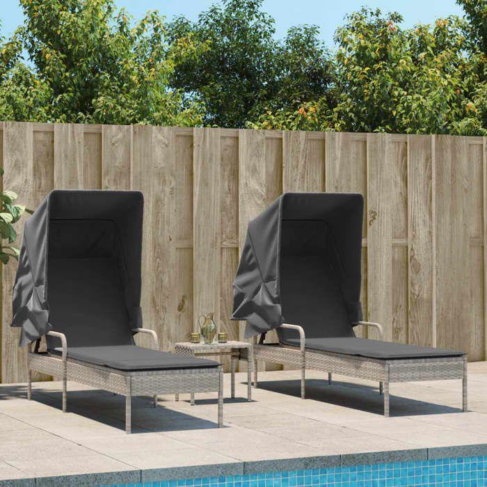 VidaXL Chaises longues lot de 2 avec auvents et table gris clair rotin, lit de bronzage, chaise longue inclinable, lit de 3261574
