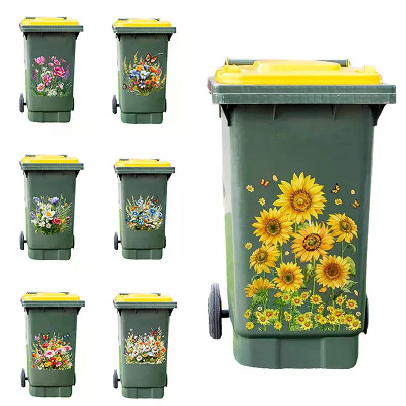 Sunflower Trash Can Stickers Floral Wheel Trash Can Stickers Self-Adhesive Waterproof PVC Decals For Walls Bathroom Home Decor