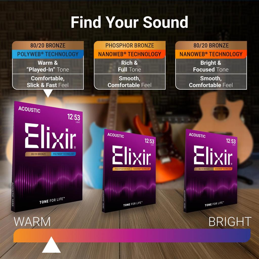 Elixir Elixir Acoustic Guitar POLYWEB Bronze Strings, 80/20 Light, .012-.053, #11050