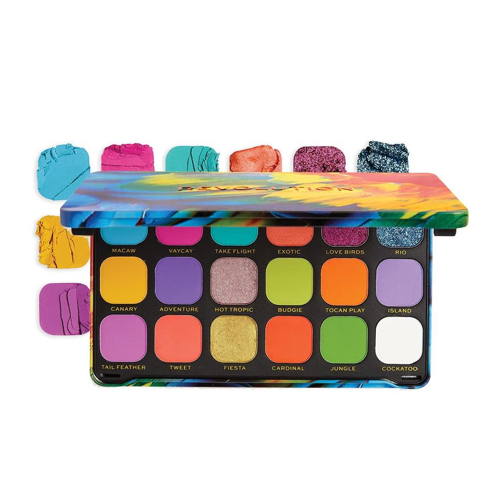 Makeup Revolution Forever Flawless Bird of Paradise Eyeshadow Palette | 18 Vibrant Tropical Shades in Mattes & Metallics | Bold Pigment, Easy Blend