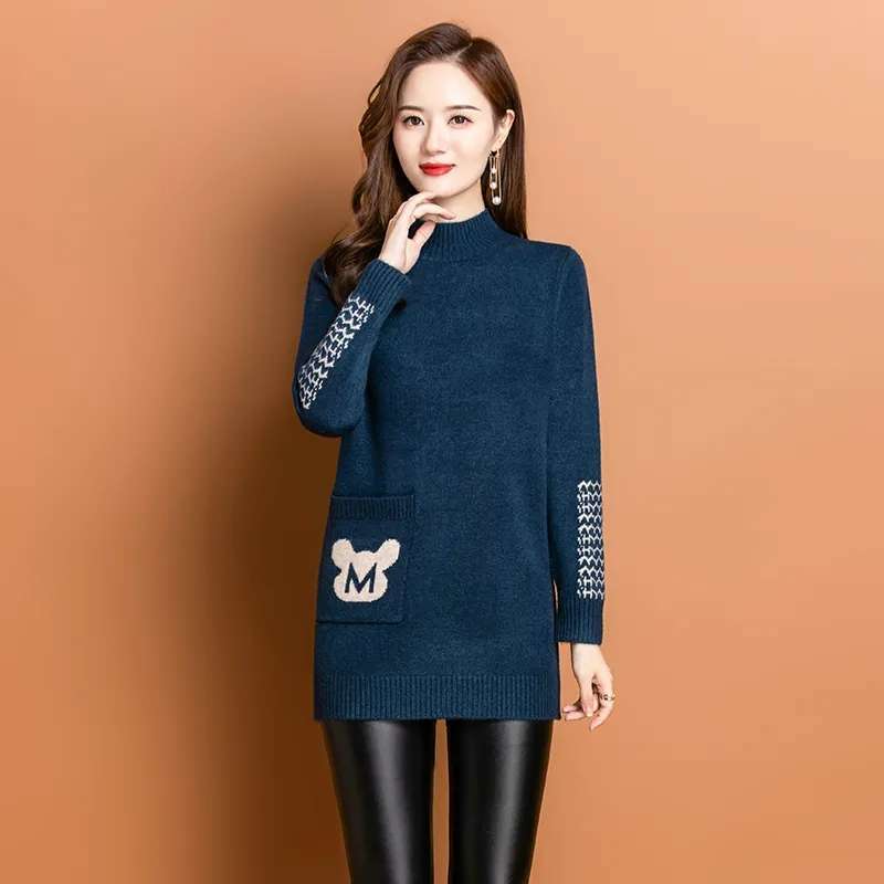 Half Turtleneck Sweater Mid-length Pullover for Women Solid-color Loose Sweater Jacquard Knitted Sweater Top