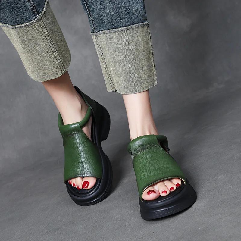 Fashion 5CM Summer Shoes Women Thick Heel Sandals New Design Hook&Loop Genuine Leather Open Toe Casual Platform Sandals Ladies Slippers