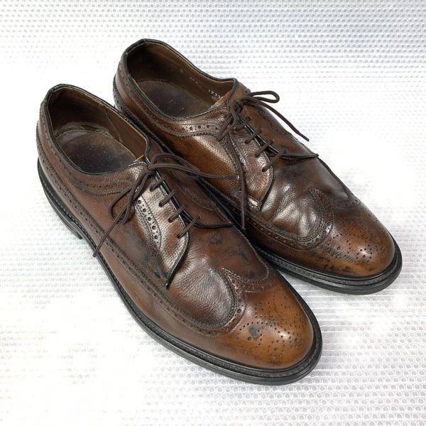 70s 80s Vintage Unknown Maker Size 9.5D 27.0 27.5cm Long Wingtip American Full Brogue Brown(USED)