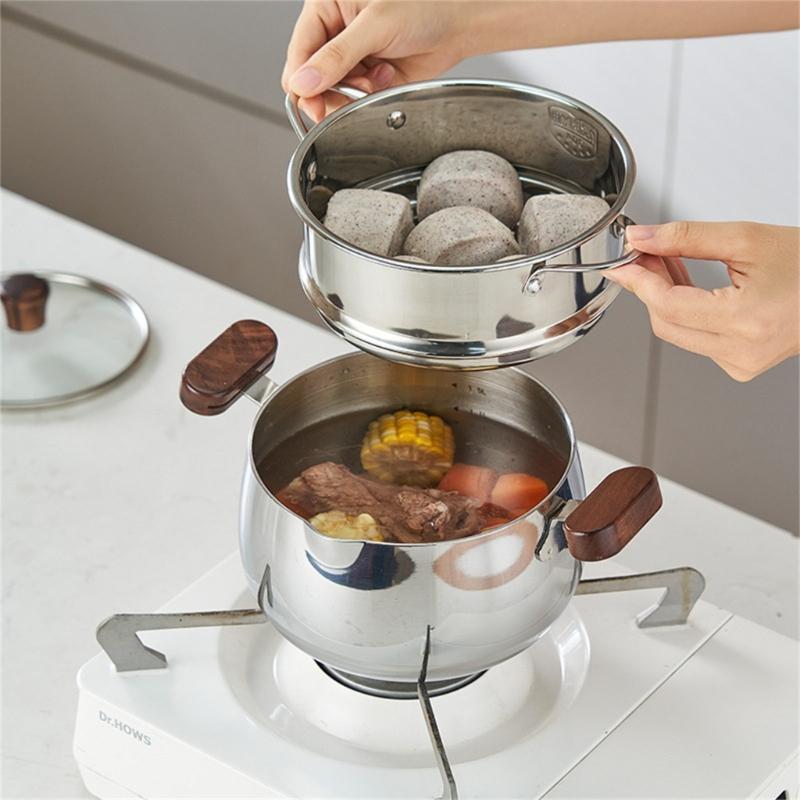 Premium 304 Stainless Steel Double Layer Steamer Pot with Wood Handle Suitable for Efficient and Even Cooking Experience