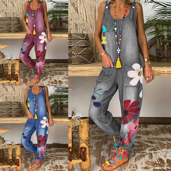 Floral Print Women Jumpsuit Deep Pockets One-piece Long Pants Sleeveless U Neck