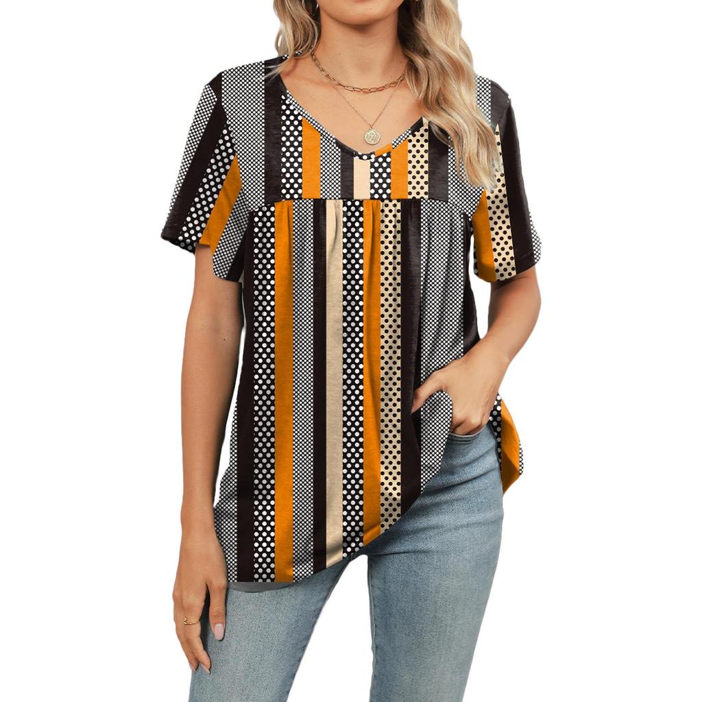 Women Boho Floral Leaf Geometric Print V Neck Tunic Top, Short Sleeve Front Pleated Flowy Hem Loose Fit Casual Daily Blouse