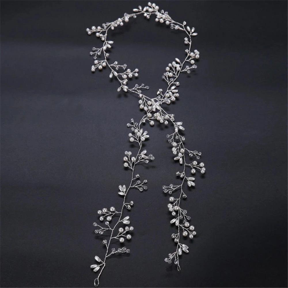 35CM Women Bridal Wedding Crystal Bride Hair Accessories Pearl Flower Headband Handmade Hairband Beads Decorative Hair Comb