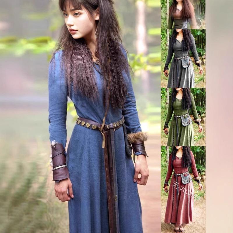 Medieval Retro Round Neck Long-sleeved Slim-fitting Dress, Renaissance Long Cosplay Performance Dress for Women