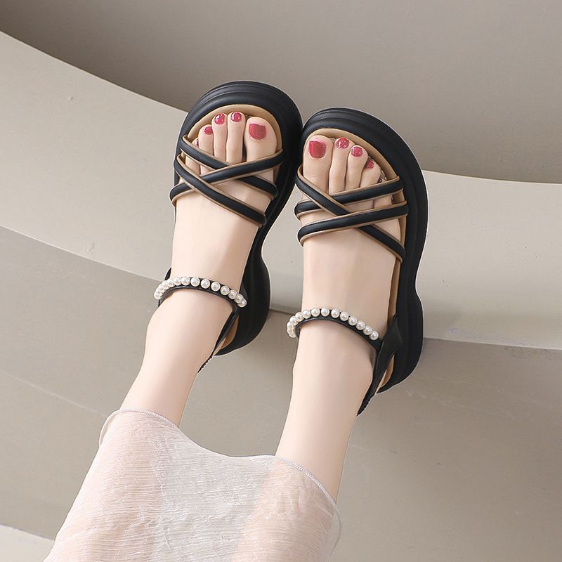 Fashion Women's Sandals Pearl Roman Style Round Toe Tip Open Ladies Shoes Platform Designer Wholesale Sales Luxury Summer Original 2025