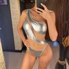 Mesh Sheer Splicing PU Leather Women Swimwear One Piece Swimsuit Female One Shoulder Asymmetric Bather Bathing Suit Swim