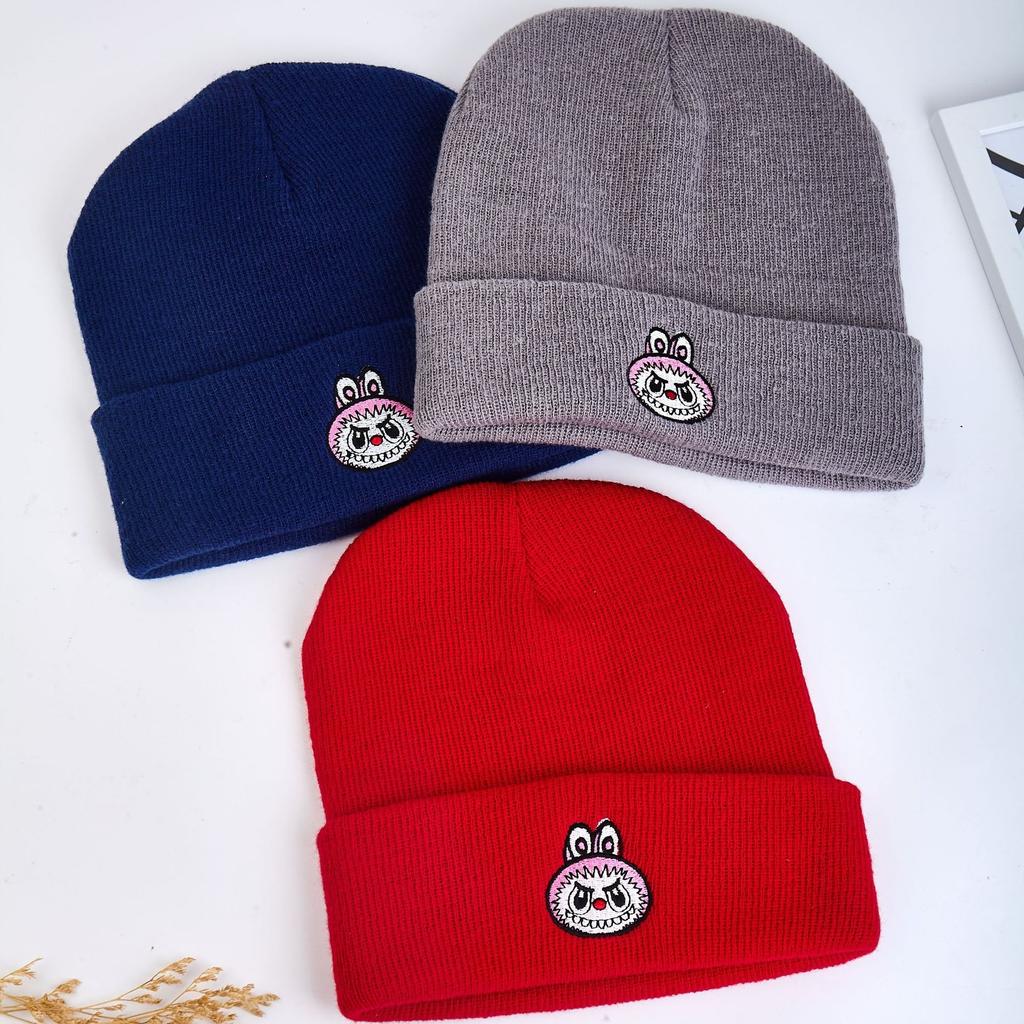 Warm Spandex/Polyester Knitted Beanie Cartoon Embroidery Autumn/Winter Unisex Adjustable Playful Trendy Black Blue Students Made
