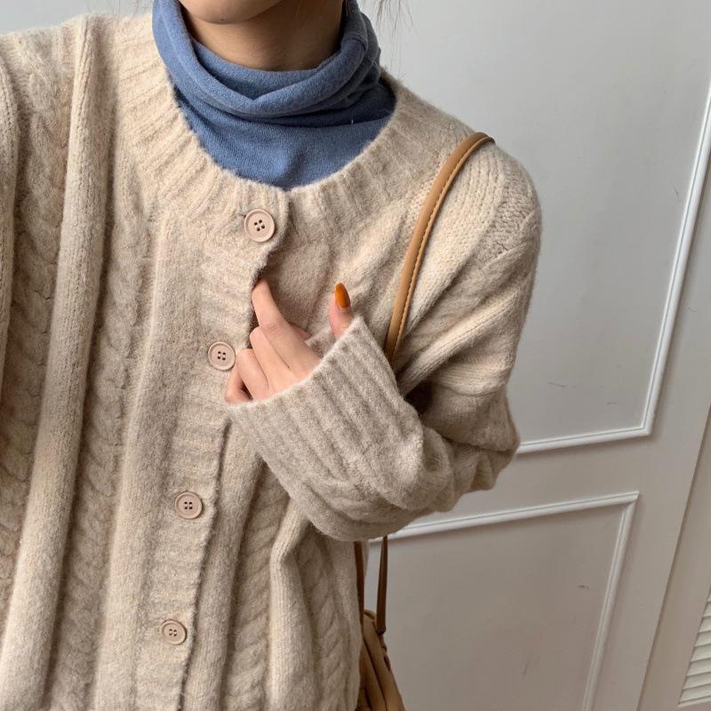 

Осень и зима твист вязаная куртка круглый вырез свободный ленивый стиль мода однотонный кардиган свитер толстый женский 47-82 (average size) абрикосовый