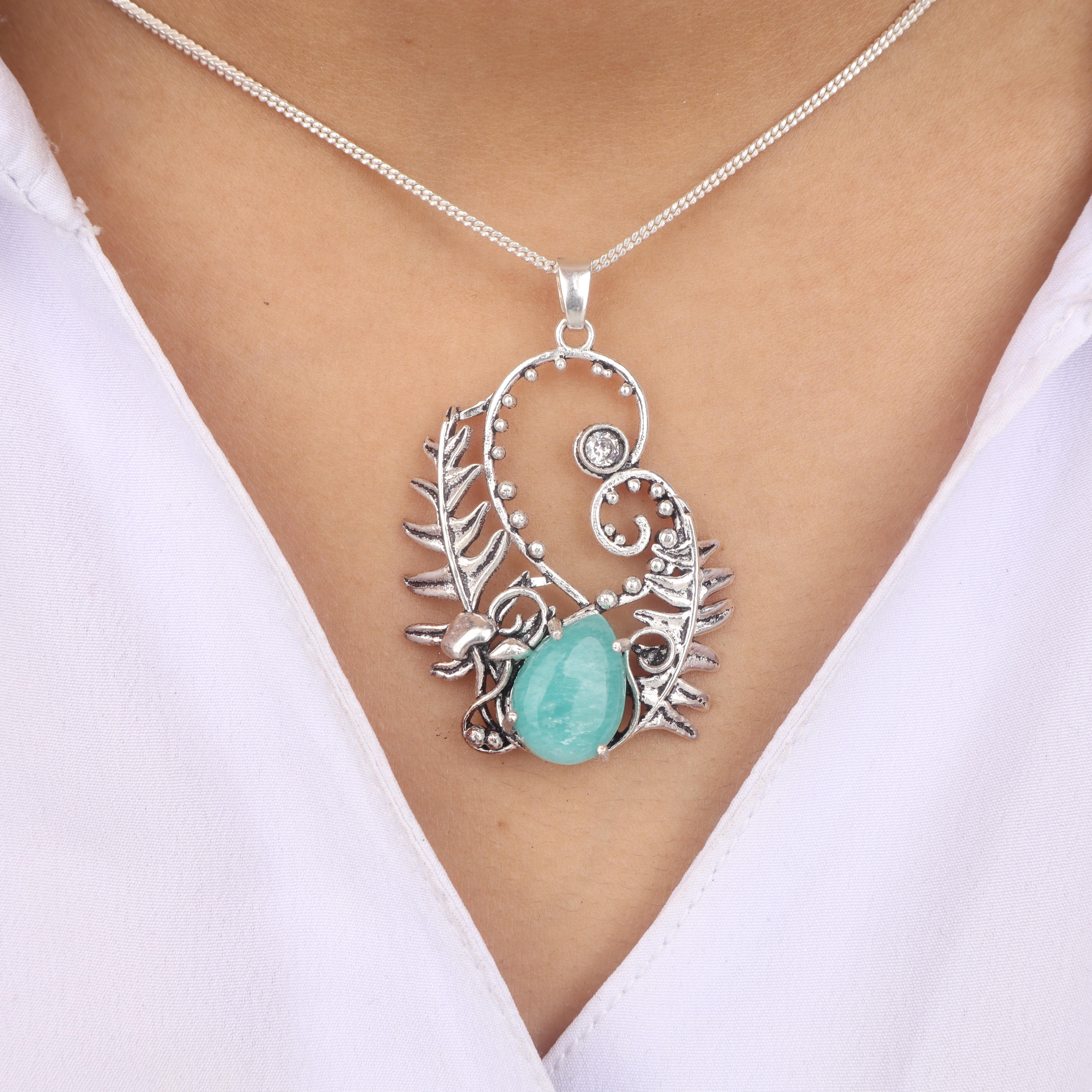 

Natural Amazonite Gemstone 925 Sterling Silver Women Wedding Jewelry Good-Luck Pendant 1.8 CP-42-23