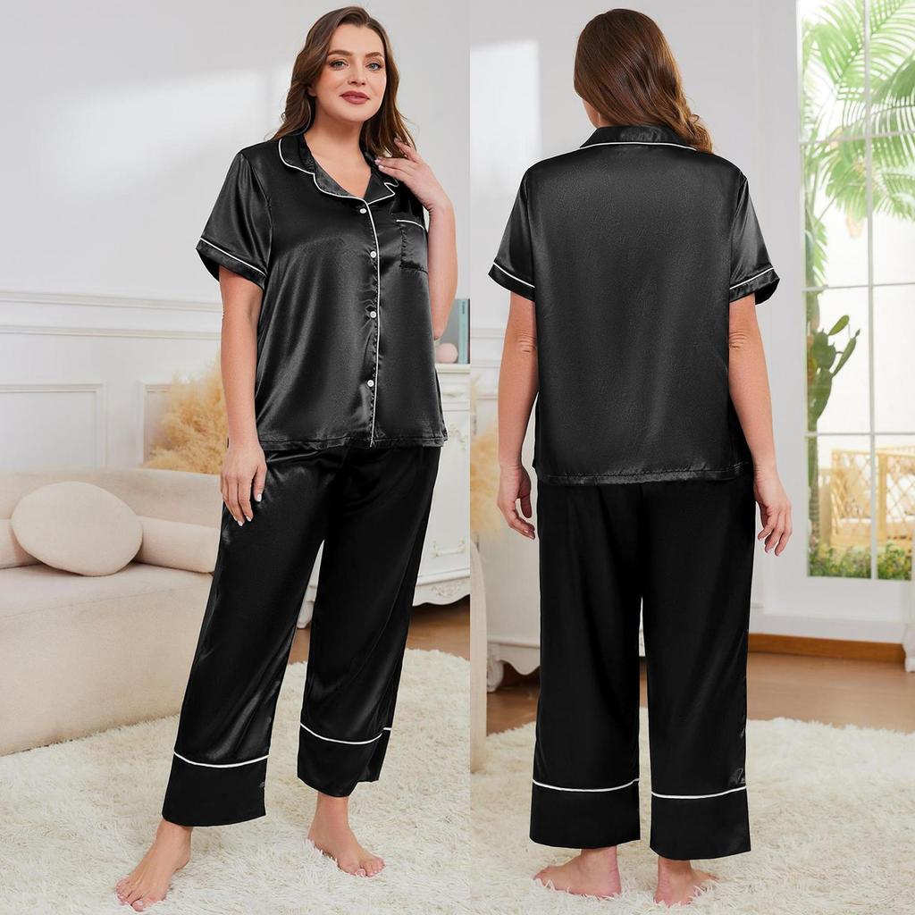Schlafanzüge für Damen in Übergröße, Hemd- und Hosenset aus Kunstseide, Satin, große Größe, Pyjama, Frühlings- und Sommerkleidung, Nachtwäsche, Freizeitkleidung für zu Hause
